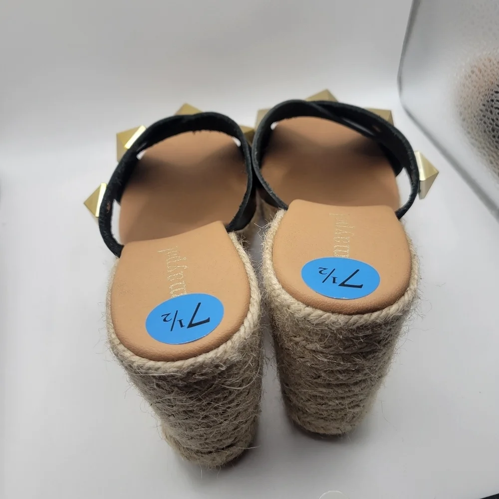Maypol Anthropologie Black Leather Wedge Espadrille Sandals 7.5 NEW